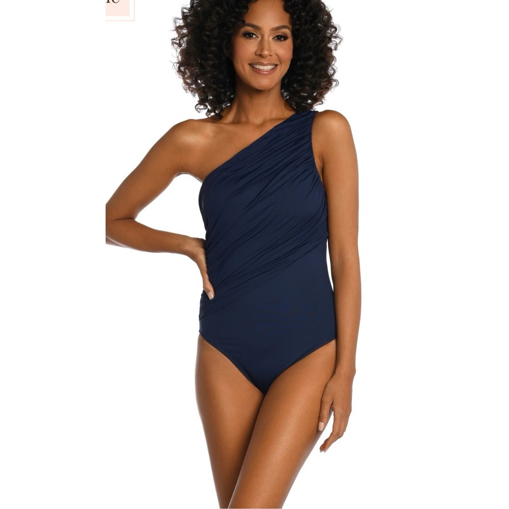 La Blanca Island Goddess Shirred One Shoulder One Piece - Indigo Size 4 Swimsuit
